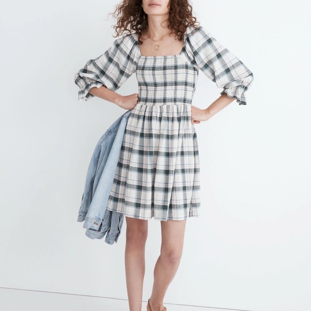 Madewell Lucie Elbow-Sleeve Smocked Mini Dress in Lebaum Plaid Size M - Picture 1 of 11